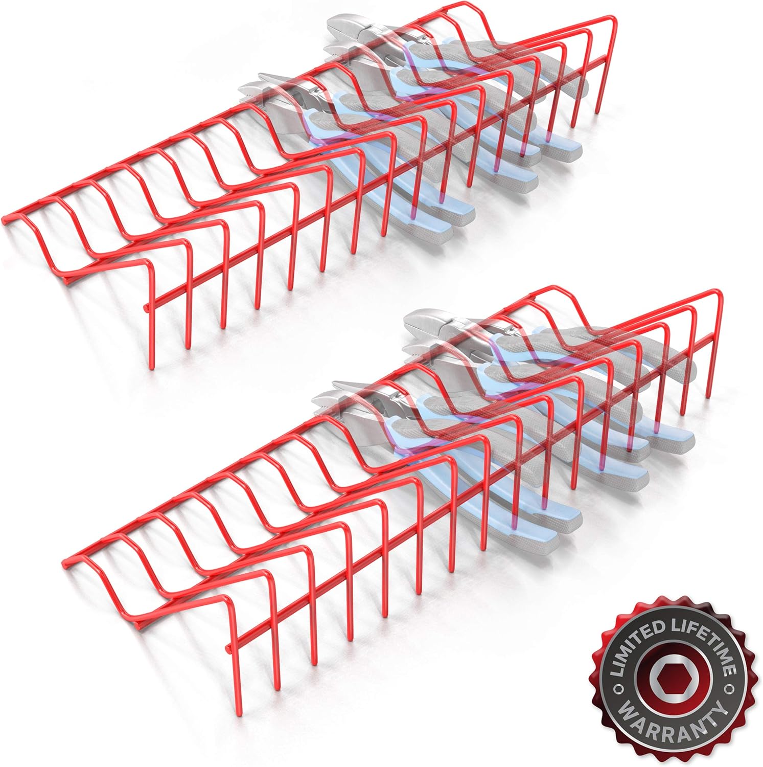 Olsa Tools Plier Organizer Rack Pliers Rack for Tool Box Drawer Storage (Red) | 2pc Plier Holder Holds 32 Pliers | Professional Grade