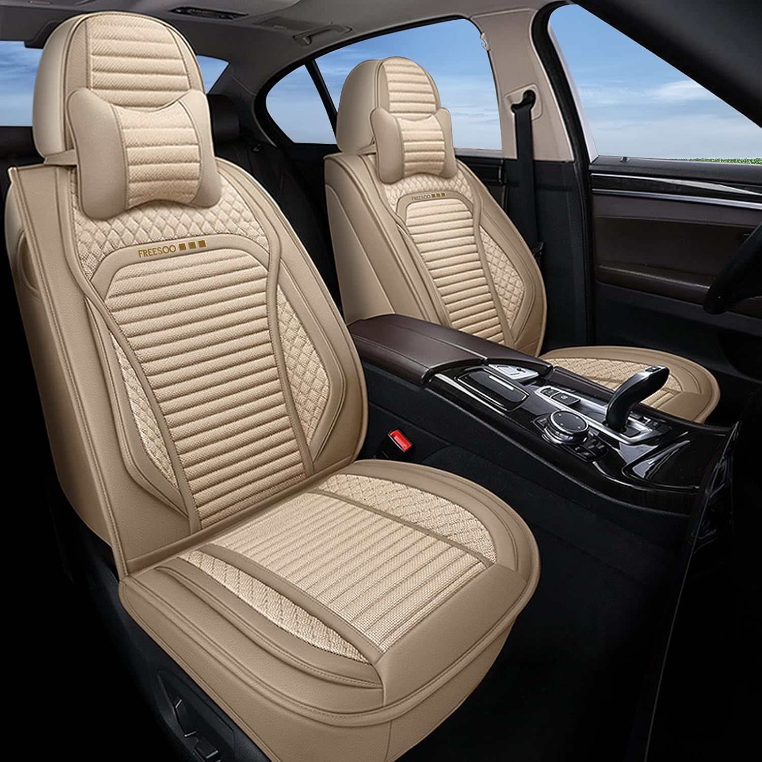FREESOO Car Seat Covers Leather&Linen, Fashion Full Set Coverage Seat Cover Cushion Auto Accessories Universal Fit for 5 Seats Vehicle Year Round Use (Beige 12)