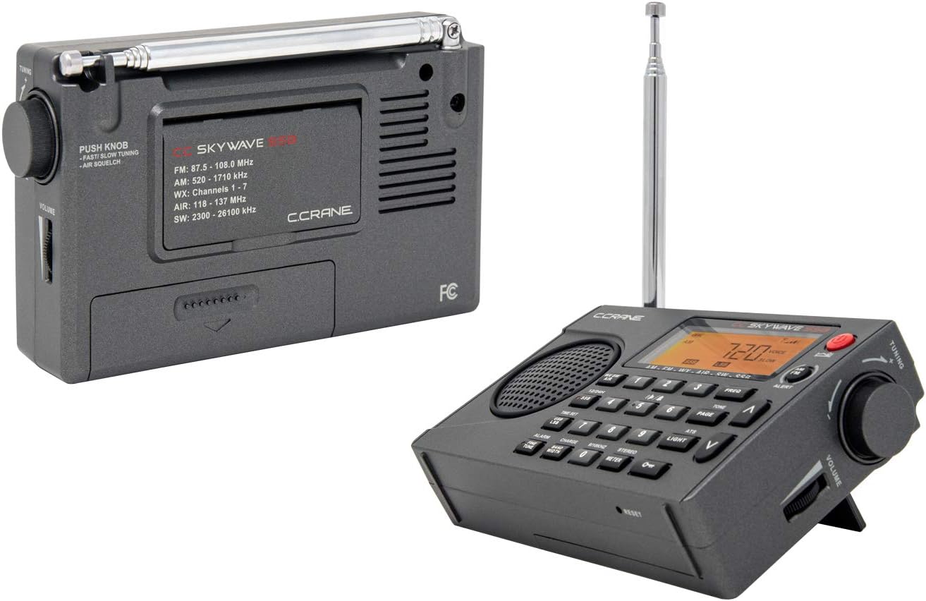 C. Crane CC Skywave SSB AM, FM, Shortwave, NOAA Weather + Alert, Scannable VHF Aviation Band and Single Side Bands Small Battery Operated Portable Travel Radio and AC Adapter