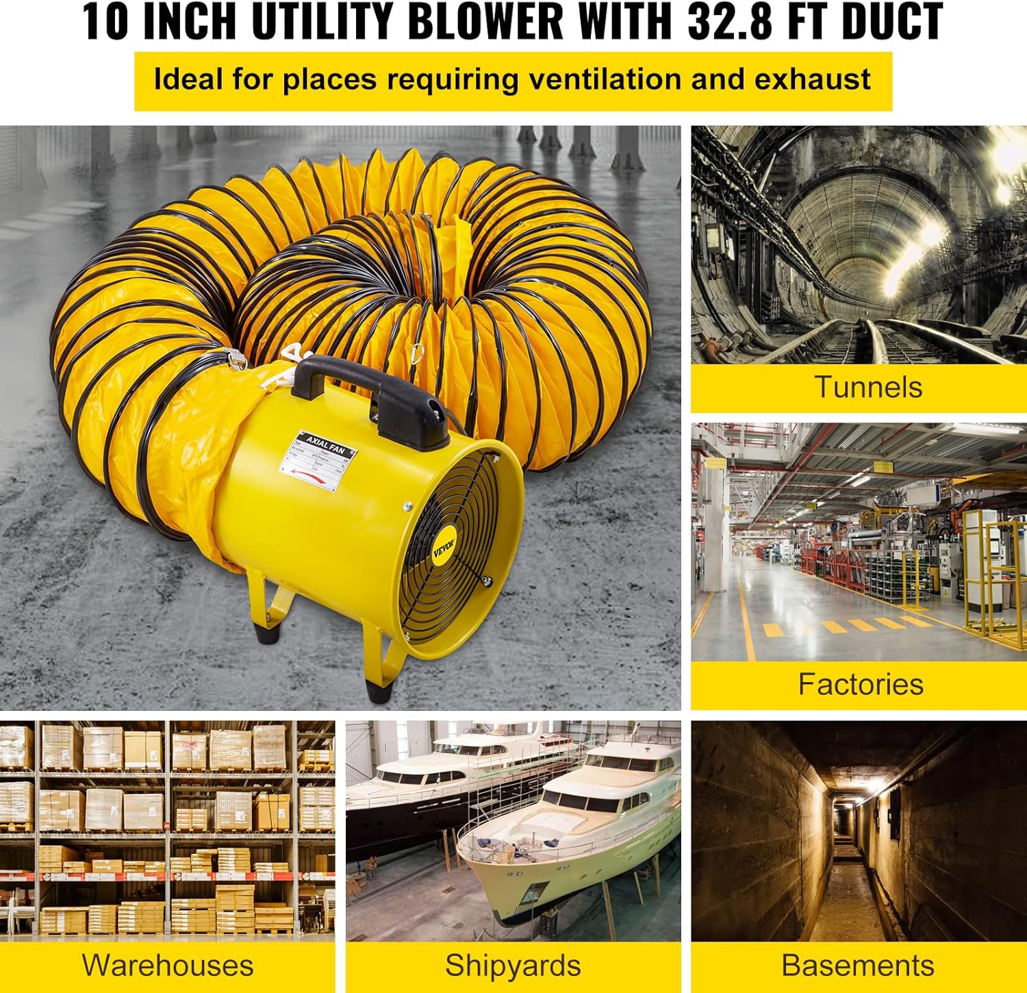 BestEquip Utility Blower Fan, 10 Inches, 320W 1030&1518 CFM High Velocity Ventilator w/ 32.8 ft/10 m Duct Hose, Portable Ventilation Fan, Fume Extractor for Exhausting & Ventilating at Home and Job Site