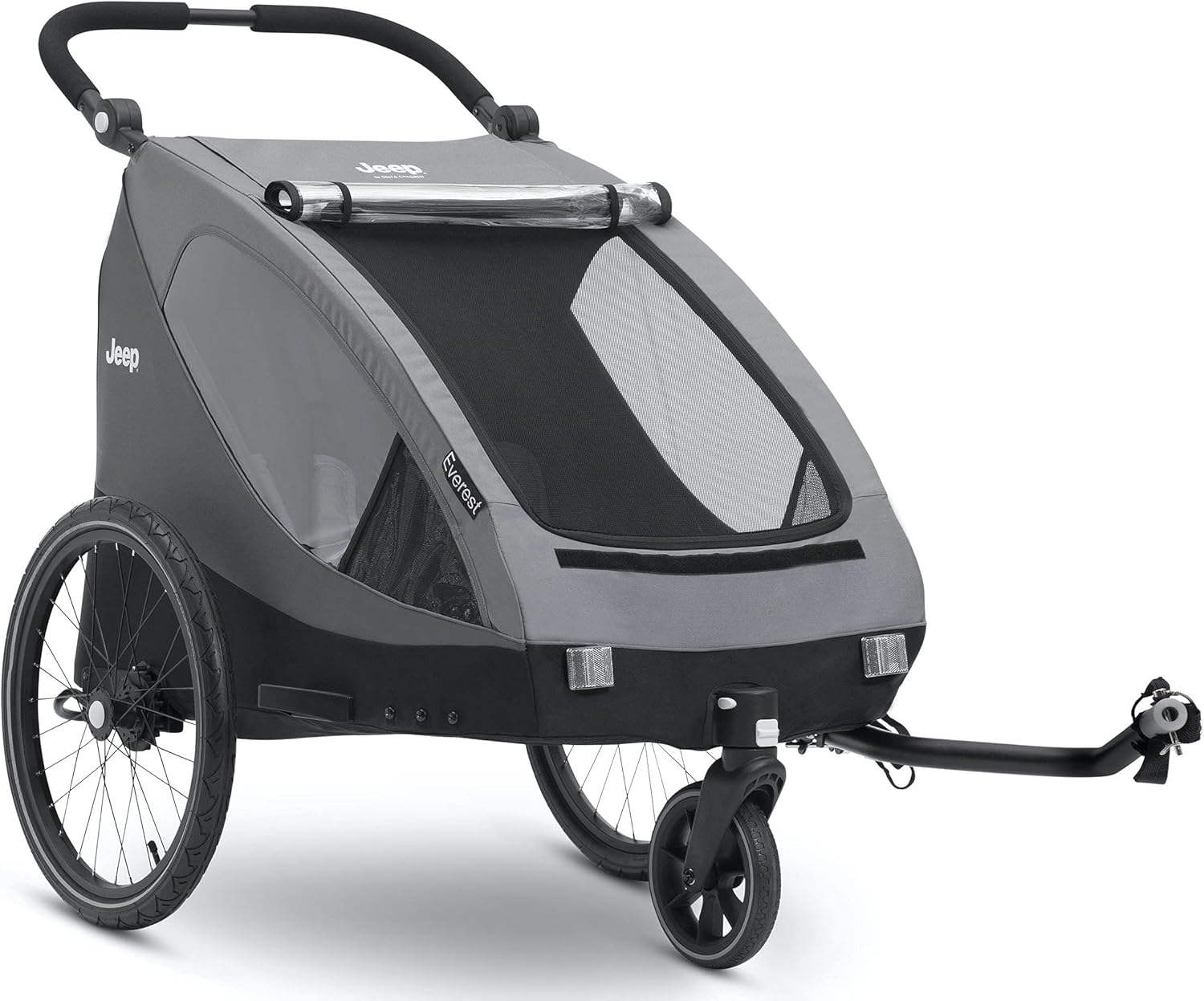 Jeep Everest 2-in-1 Child Bike Trailer and Stroller for 2 Kids by Delta Children – 2-Seater Lightweight Multisport Trailer with Converts to Jogging Stroller – Compact Fold for Travel and Storage, Grey