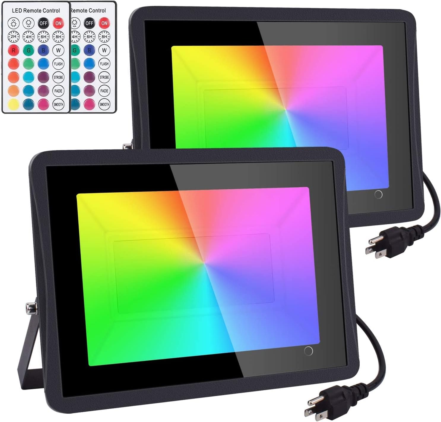 RGB Flood Light 600W Equivalent TanSir 2 Pack 100W Color Changing Flood Light with Remote Control, IP66 Waterproof Dimmable Outside Color Changing Wall Wash Light with Timer and Memory Function Pack of 2