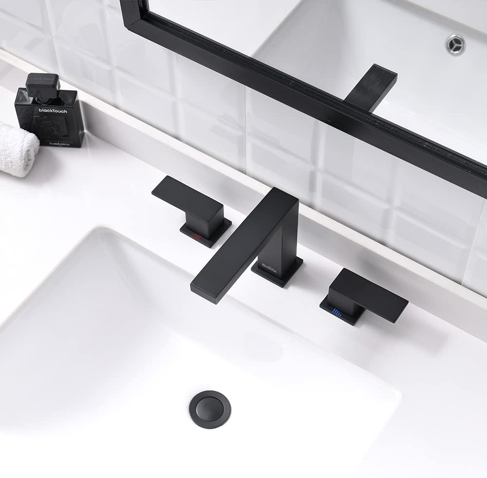 Gnixne Bathroom Faucet Matte Black 2-Handle 8inch Widespread Bathroom Sink Faucet with Pop Up Drain and cUPC Faucet Supply Hoses