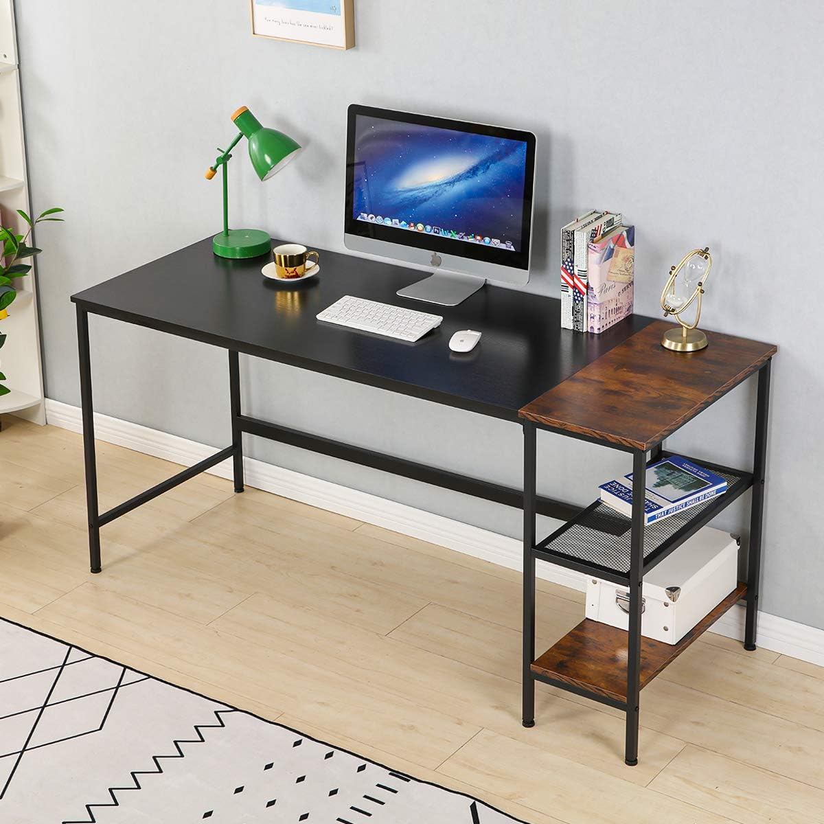 YOLENY Industrial Computer Desk with Storage Shelves,62 inch Modern Sturdy Writing Desk,PC Table with Grid Drawer,Home Office Desk Workstation for Home Office, Black