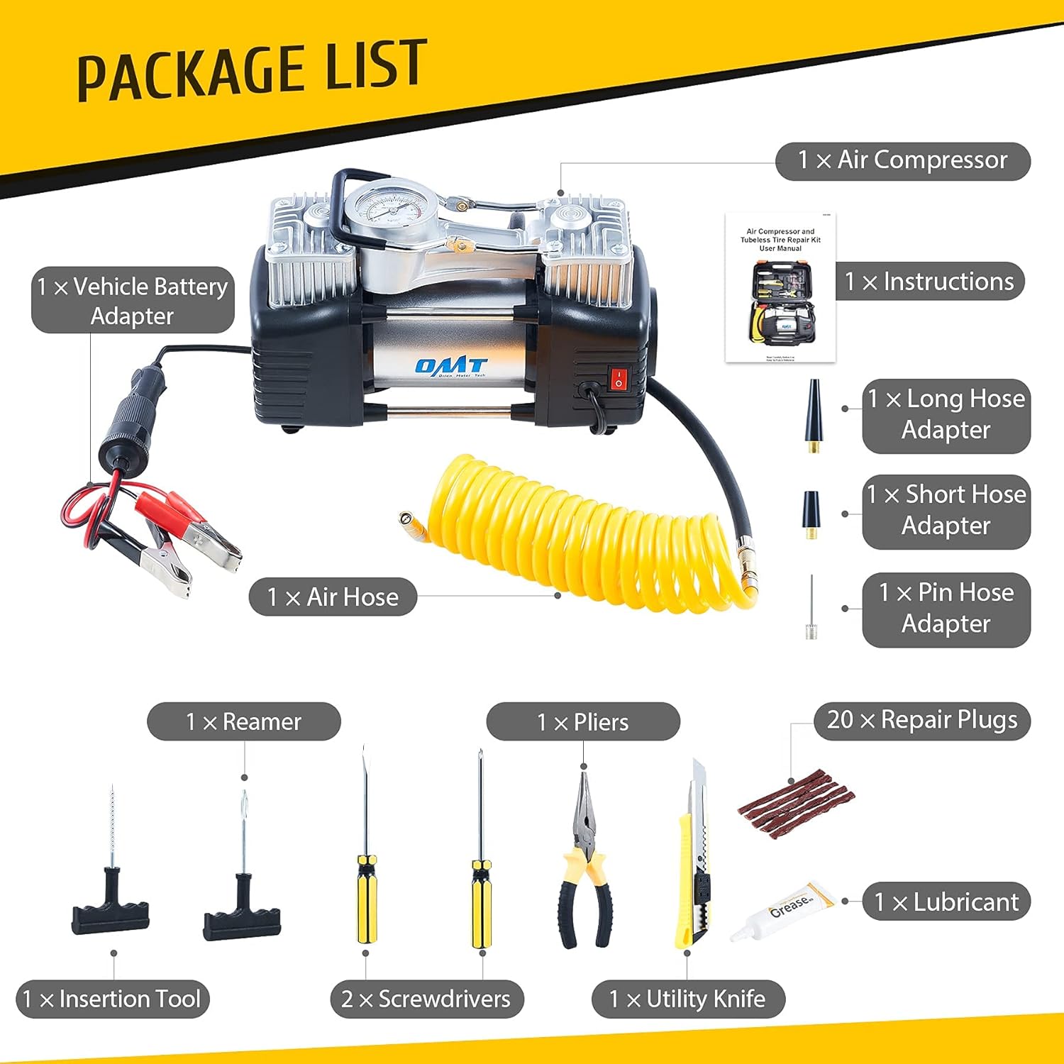Double Cylinder Tire Inflator and 30pc Tire Repair Kit, Emergency Tire Patch Raft Leak Repair Tool Kit w 12V 150psi Air Compressor Pressure Gauge Heavy Duty Tools for Cars Trucks SUVs RVs Bikes More Pack of 2