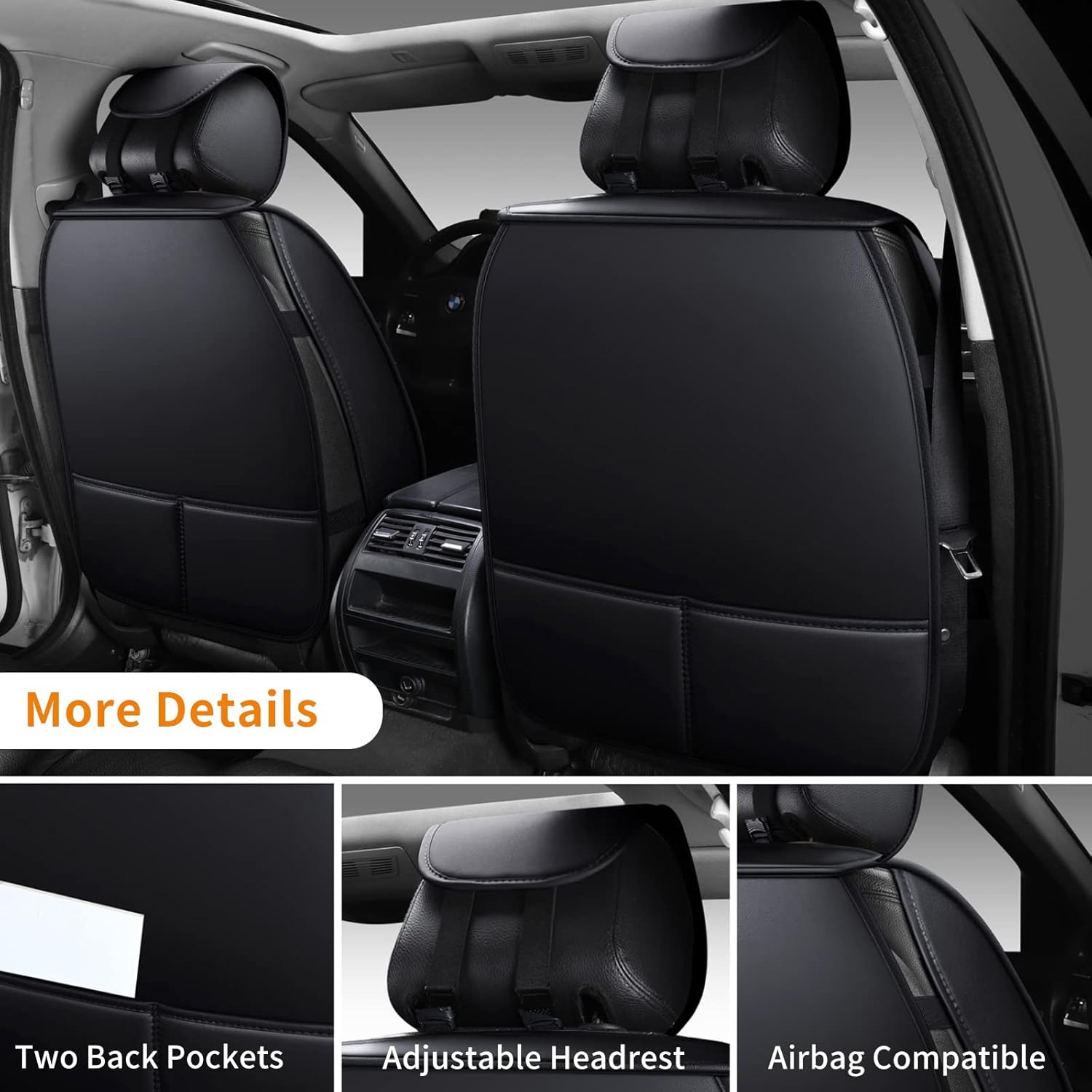 Leather Car Seat Covers, 2 Pcs Faux Leatherette Automotive Cushion, Anti-Slip Waterproof Carseat Protectors Suitable for Jeep Trucks Sedan SUV Vehicle Pick-up 2 Door Gmc Sierra (Front only / Black)