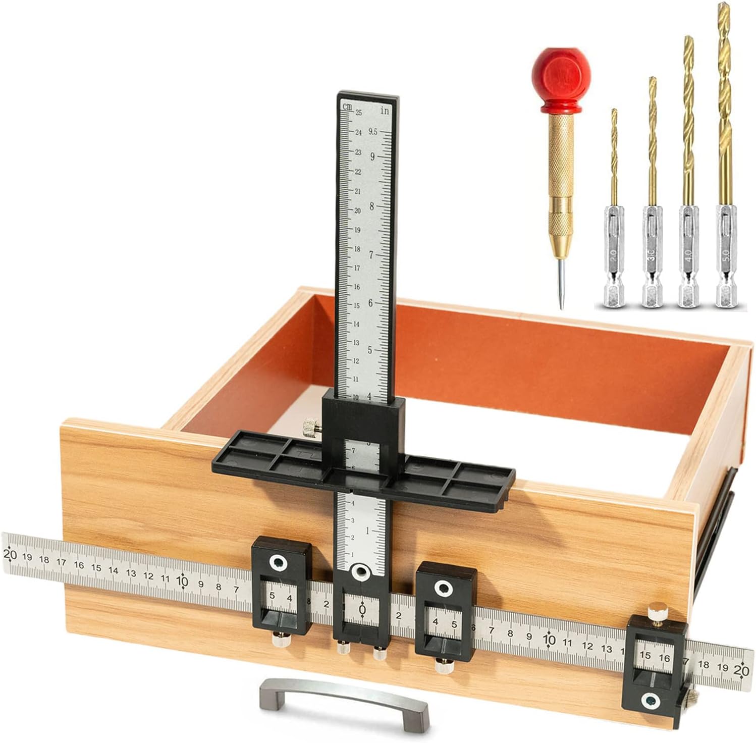 Cabinet Hardware Jig, Solike Aluminum Alloy Cabinet Handle Jig Tool for Fast and Accurate Installation of Door Handles and Drawer Front Knobs, Pulls(With Automatic Center Punch and 4 Drill Bits)