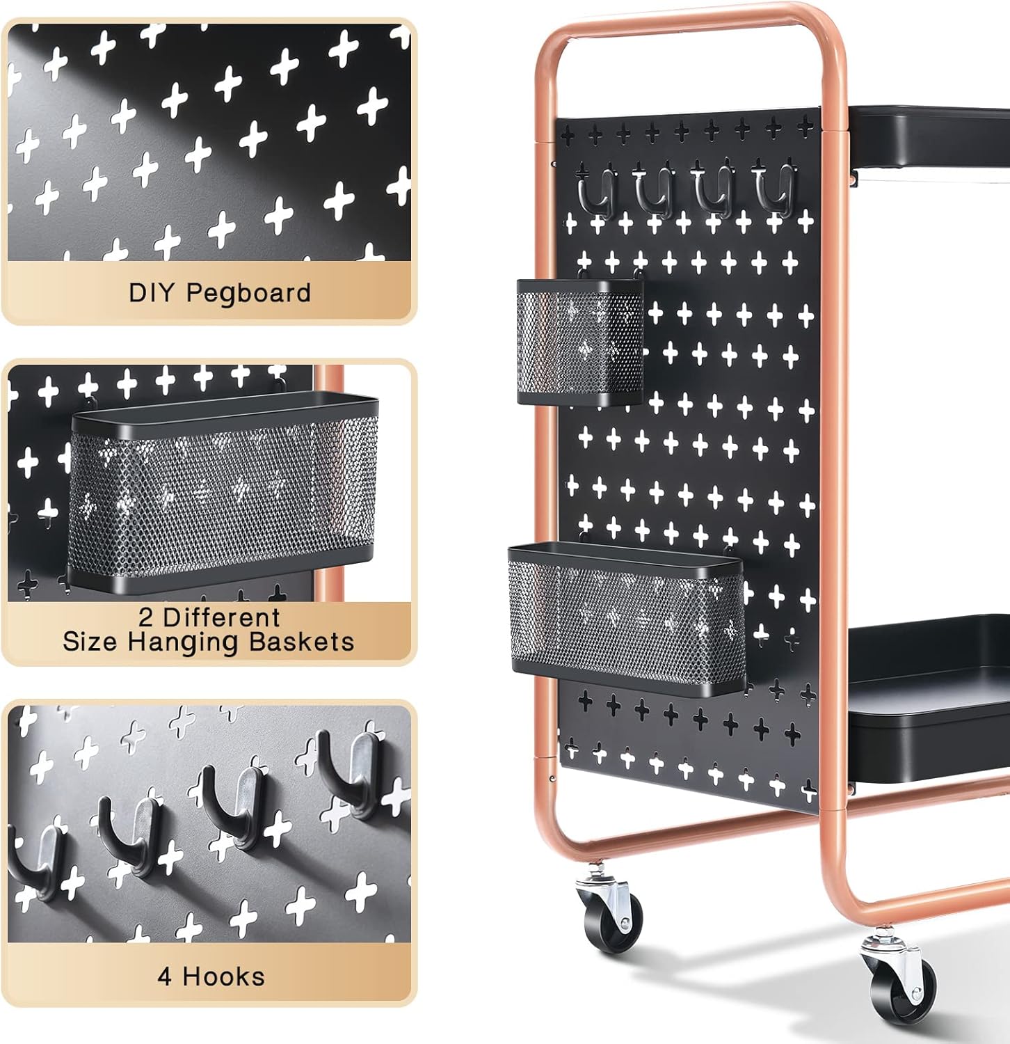 TOOLF Large Heavy Duty Utility Cart, Metal Rolling Storage Organizer&nbsp;Cart 2 Tier Tool Cart with Wheels, Screwless Service Cart with DIY Pegboard for Kitchen, Bar, Warehouse, Garage, Office-Black