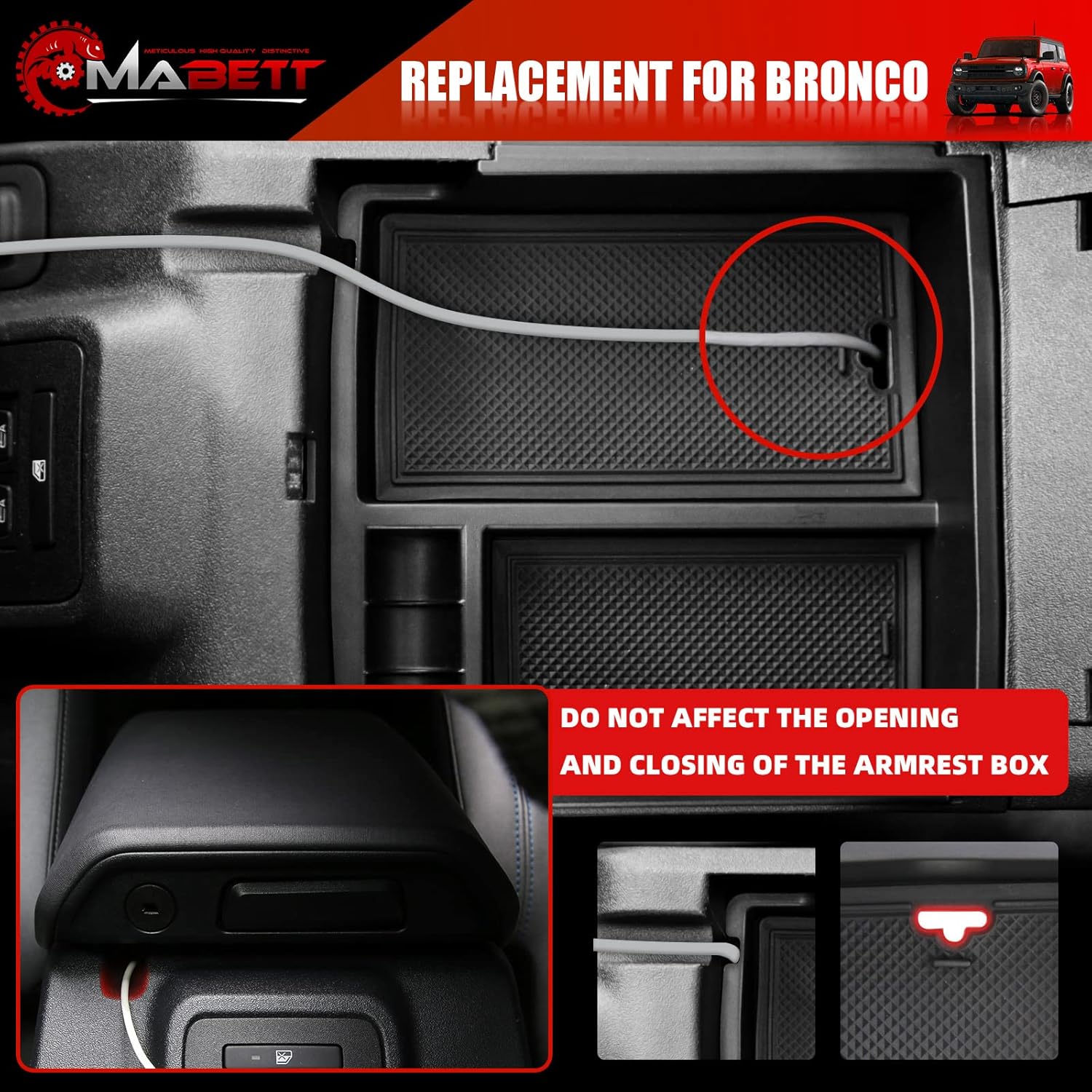 Mabett for Ford Bronco Accessories 2021 2022 Center Console Organizer Insert Tray Armrest Storage Box