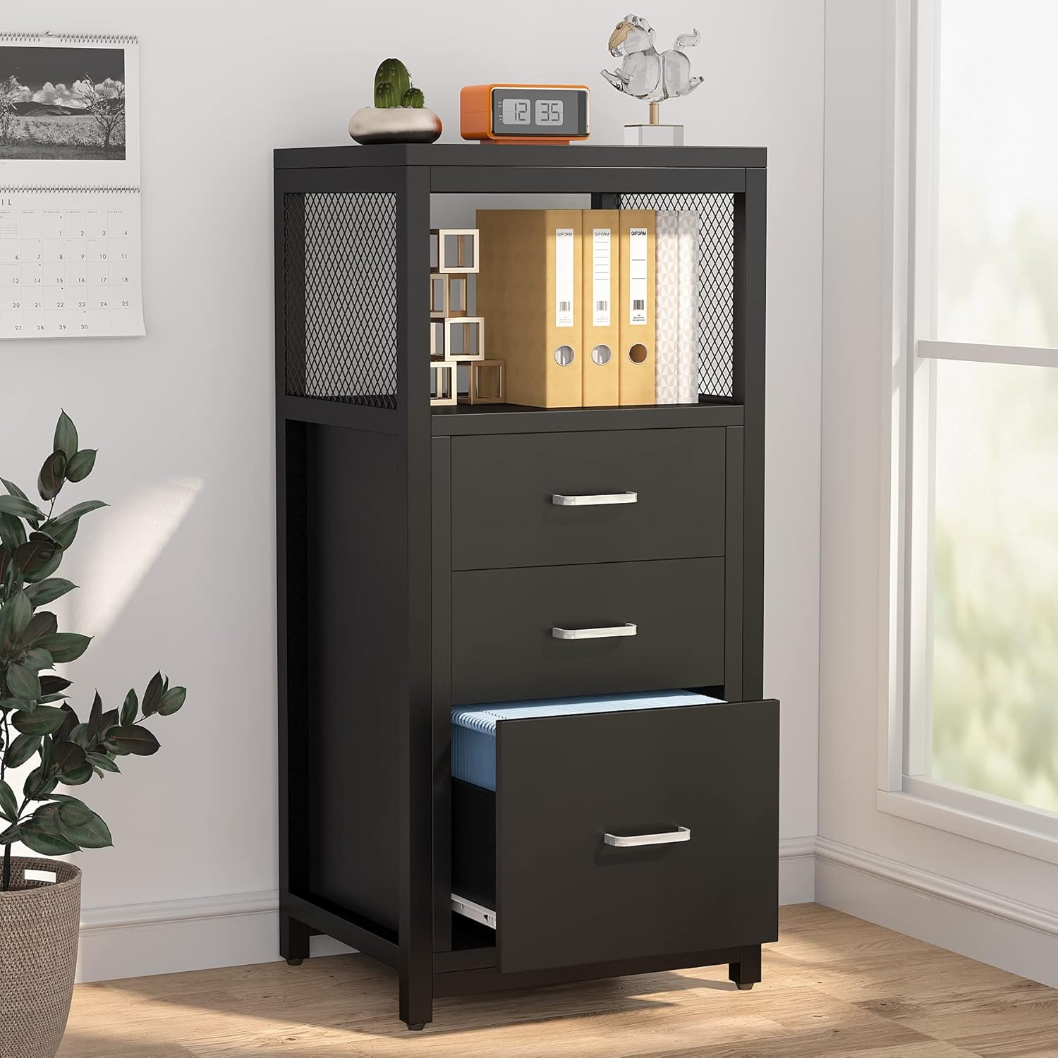 Tribesigns 3 Drawer File Cabinet for Letter Size, Modern Vertical Filing Cabinet Printer Stand with Metal Wire Storage Shelves for Home Office(Black)