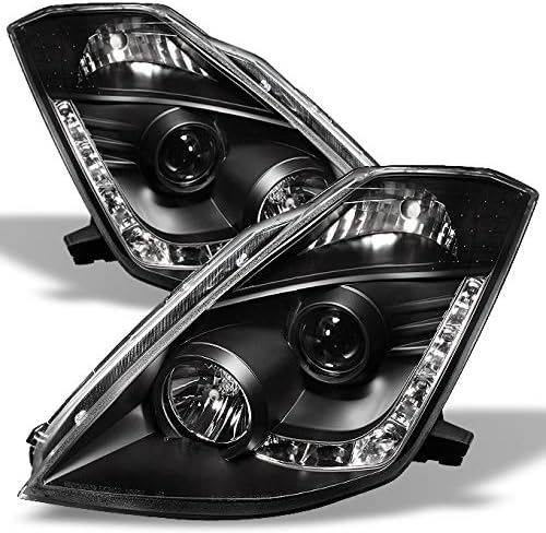 AKKON - For Nissan 350Z Fairlady Z33 Black Bezel DRL Daylight LED Strip Halogen Type Projector Headlights Pair