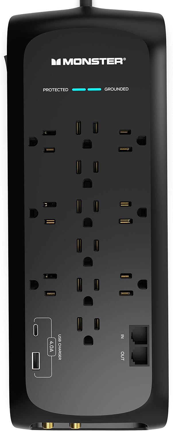Monster Power Strip Surge Protector with USB Ports - Heavy Duty Protection for 12 Plug-ins and 2 USB Gadgets - for Computers, Home Theatre, Home and Office Appliance, 12-Outlet with USB-C, USB-A Pack of 2
