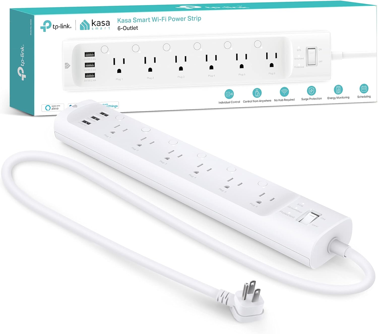 Kasa Smart Plug Power Strip HS300, Surge Protector with 6 Individually Controlled Smart Outlets and 3 USB Ports, Works with Alexa & Google Home, No Hub Required Pack of 2