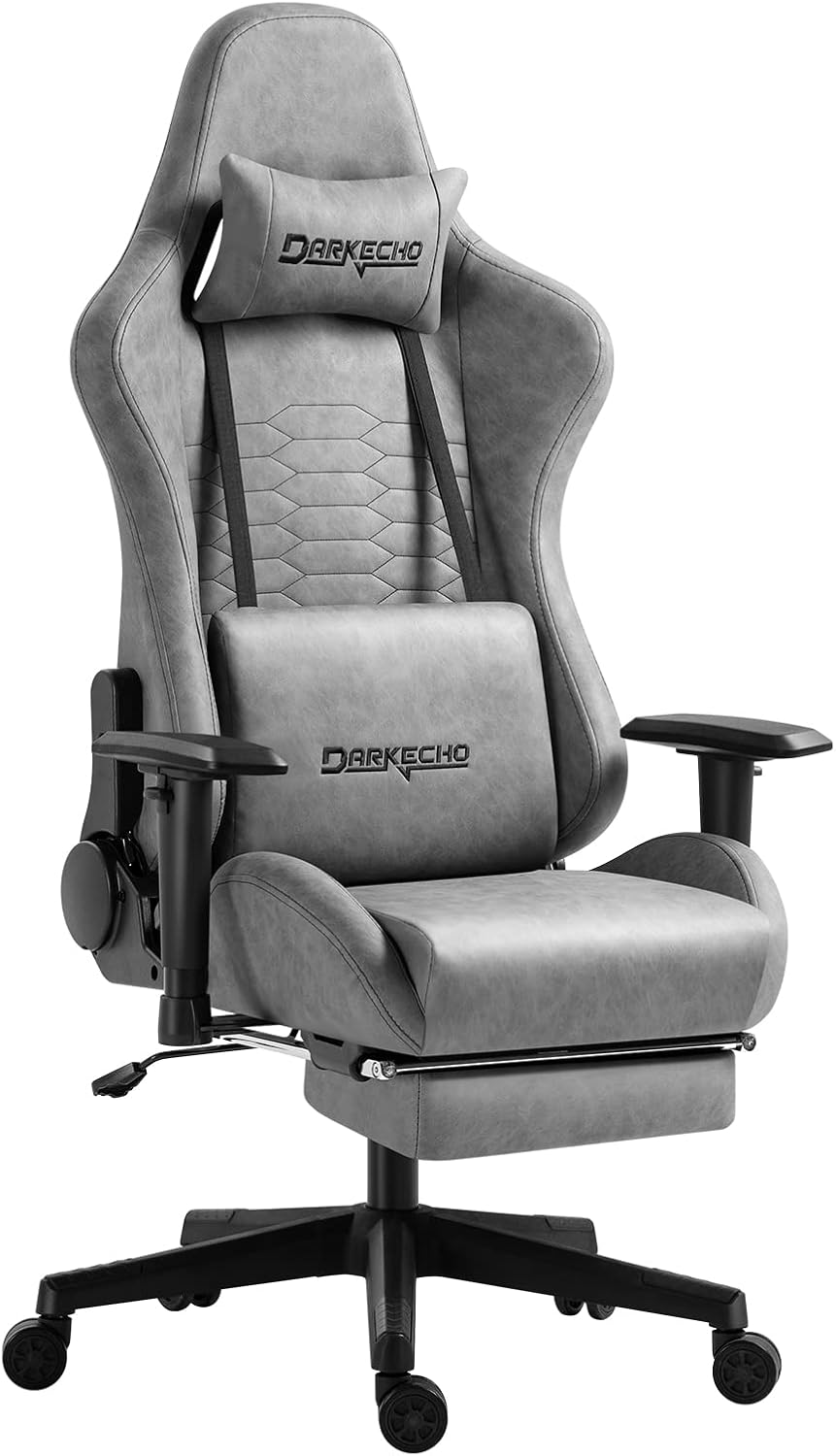 Darkecho Gaming Chair Office Chair with Footrest Massage Vintage Leather Ergonomic Computer Chair Racing Desk Chair Reclining Adjustable High Back Gamer Chair with Headrest and Lumbar Support Ivory
