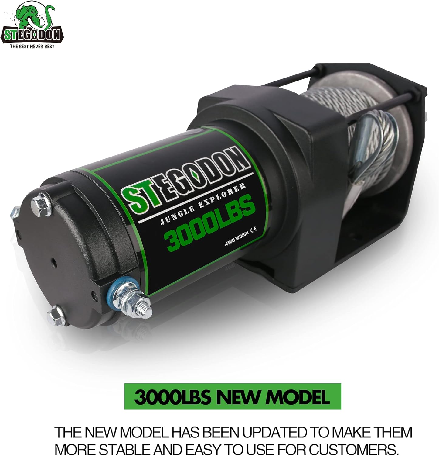 STEGODON New 3000 lb. Load Capacity Electric Winch,12V Steel Cable Winch with Wireless Handheld Remote and Wired Handle,Waterproof IP67 Electric Winch with 4-Way Roller Fairlead（Matte Black）