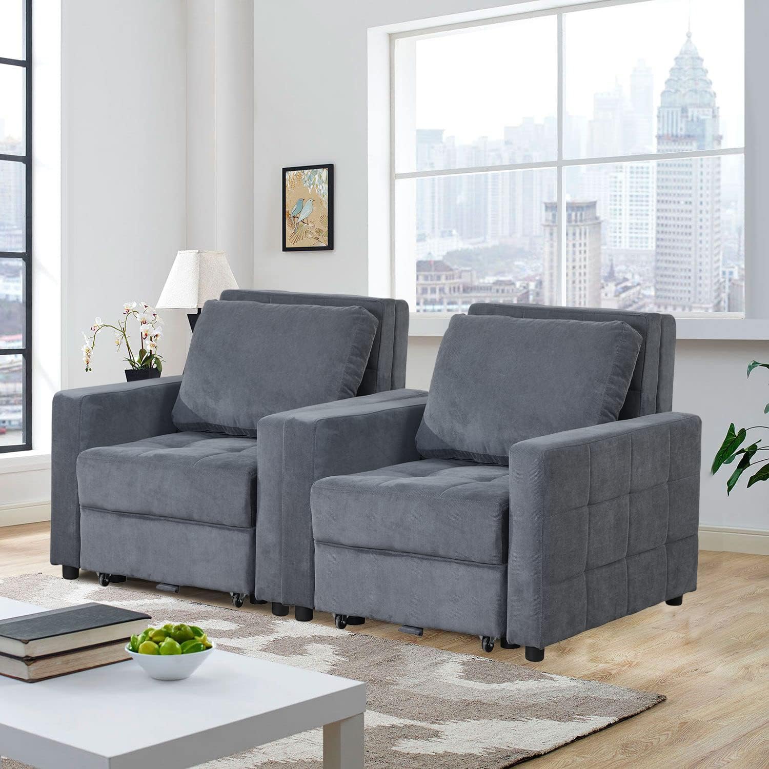 IPKIG Convertible Chair Sleeper Bed, Pull Out Sleeper Chair Armchair Bed with Storage Space,Linen Fabric and Wooden Frame Armchair for Small Space Living Room (Dark Grey)