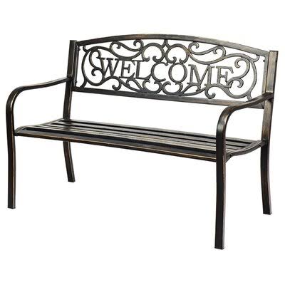 Steel Frame Porch Patio Garden Bench-Black with Welcome Design Backrest Astoria Grand