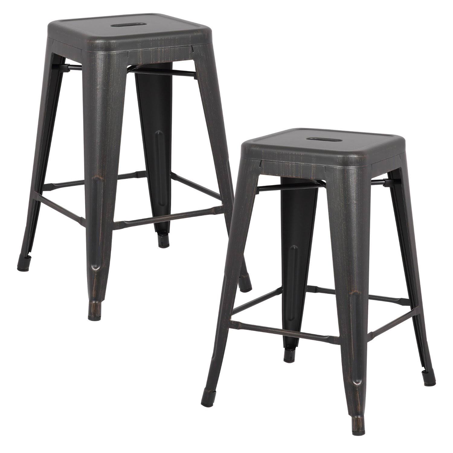 AC Pacific Modern Backless Light Weight Industrial Metal Barstool 4 Leg Design, 24x22 Seat Bar Stools (Set of 2), Distressed Bla