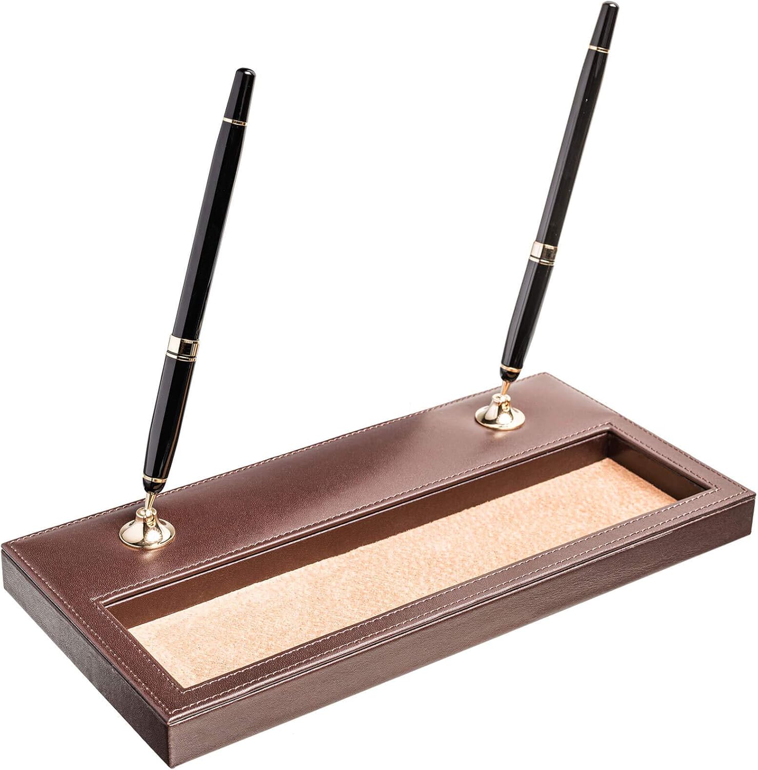 Dacasso Chocolate Brown Leather Double Gold Accents Pen Stand