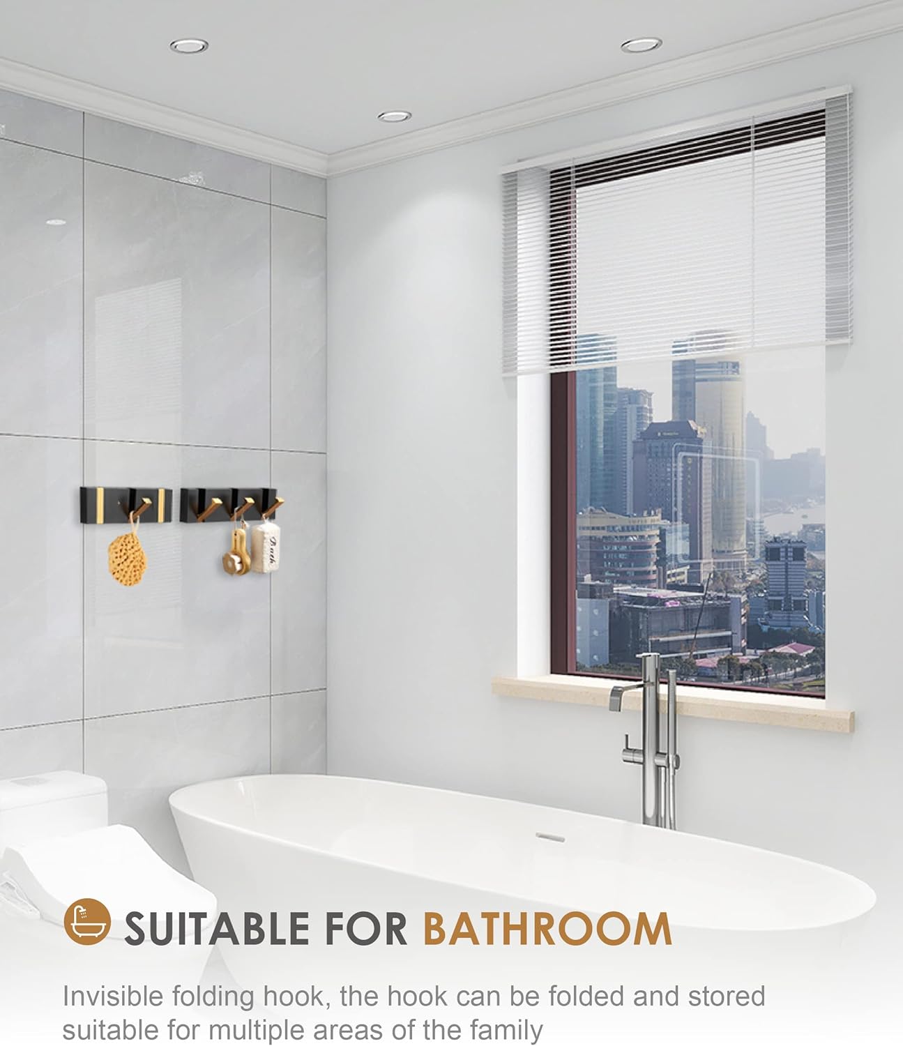 2 Pack，Watertight Black Gold Towel Hooks，Folded Invisible Coat Wall Hooks，Bathroom Towel Hook for Wall，Black Matte Minimalist Towel Hooks，Key Hooks for Wall，Door Robe Hooks，Also for Kitchen，Balcony.