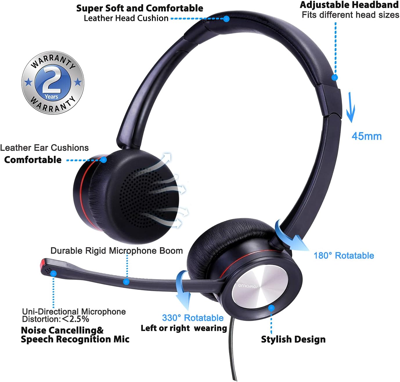 Emaiker USB Headset with Noise Cancelling Microphone,Lightweight Laptop Headphones with Mic for Dragon Dictation Call Center Telework Skype Webinar Zoom Teams Jabber Pack of 2