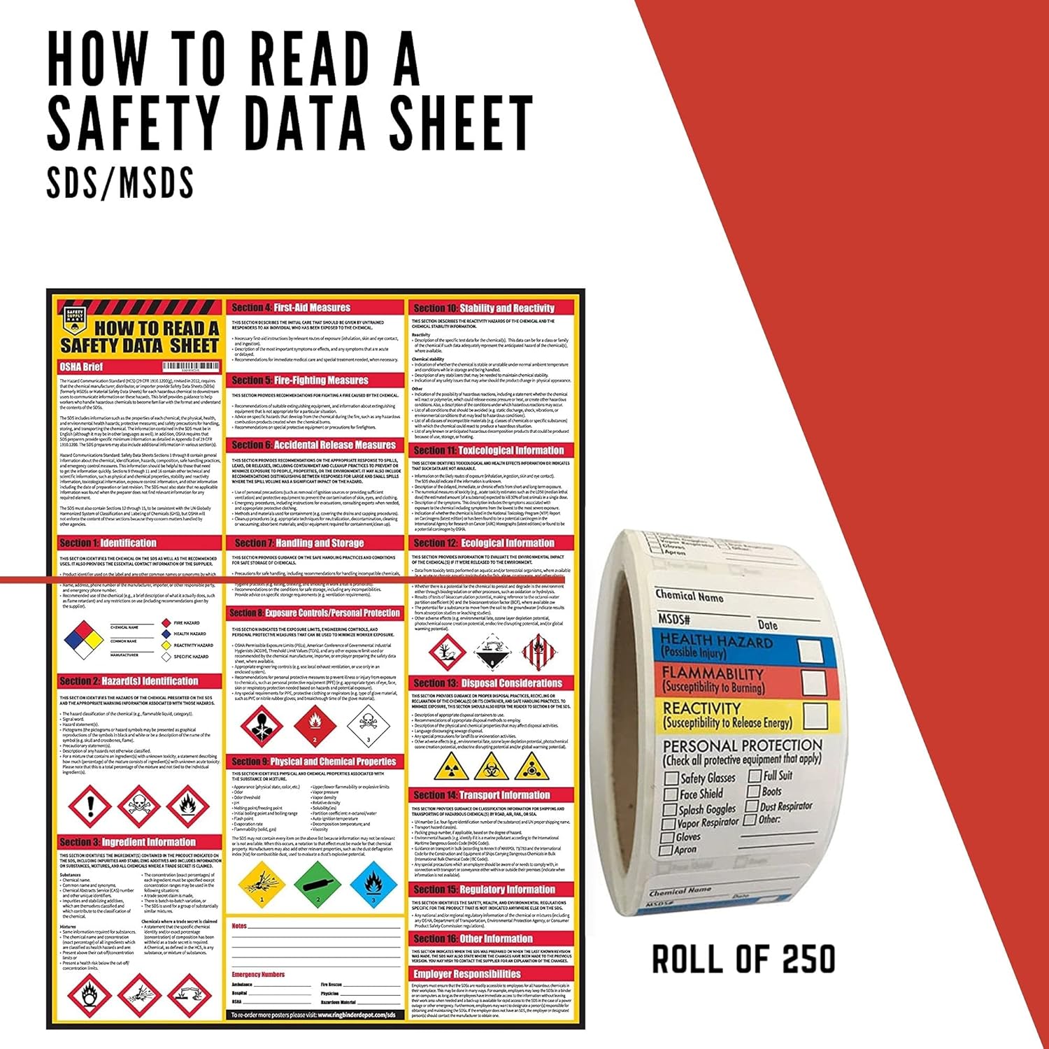 How to Read A Safety Data Sheets (SDS/MSDS) Poster, 24 x 33 Inch, UV Coated with SDS/MSDS Sticker- Roll of 250 (Poster and Sticker) Pack of 2