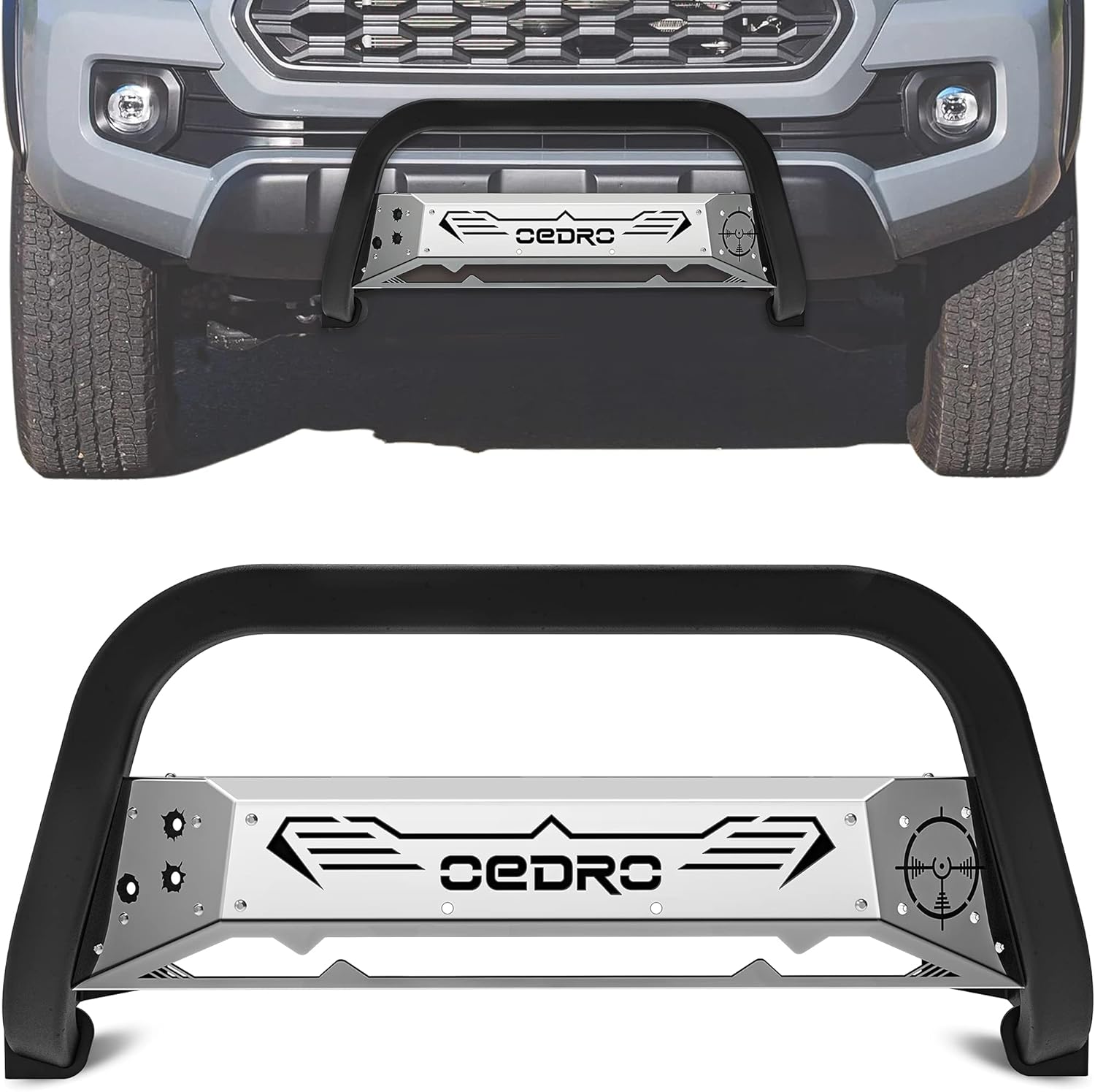 oEdRo Steel Bull Bar Compatible for 2016-2022 Toyota Tacoma, Truck Pickup Front Brush Push Bumper Guard w/Chrome Skid Plate & Light Mount