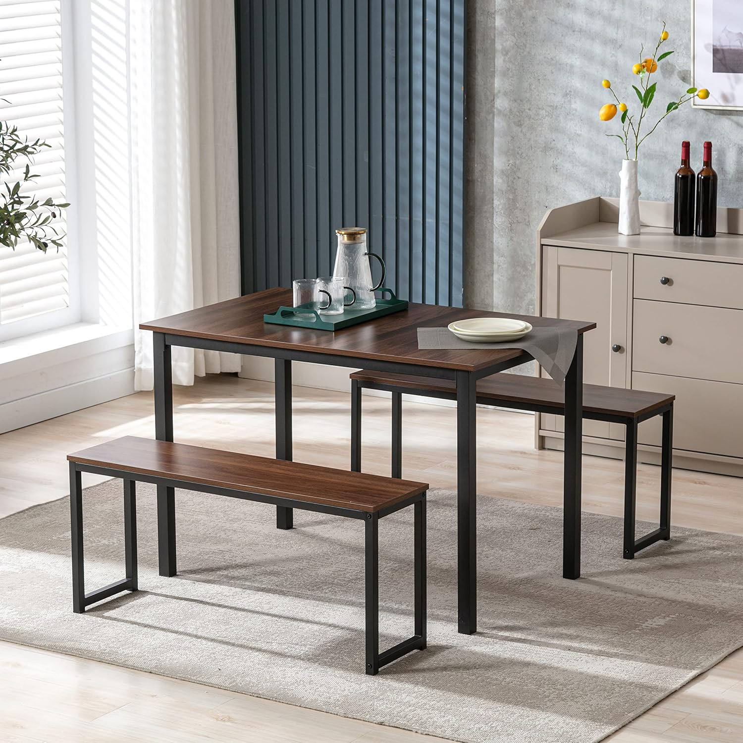 AUXSOUL Modern Kitchen Dining Table Set with Benches for 4, Small Spaces, Wood and Metal - 3 Piece Set(Espresso)