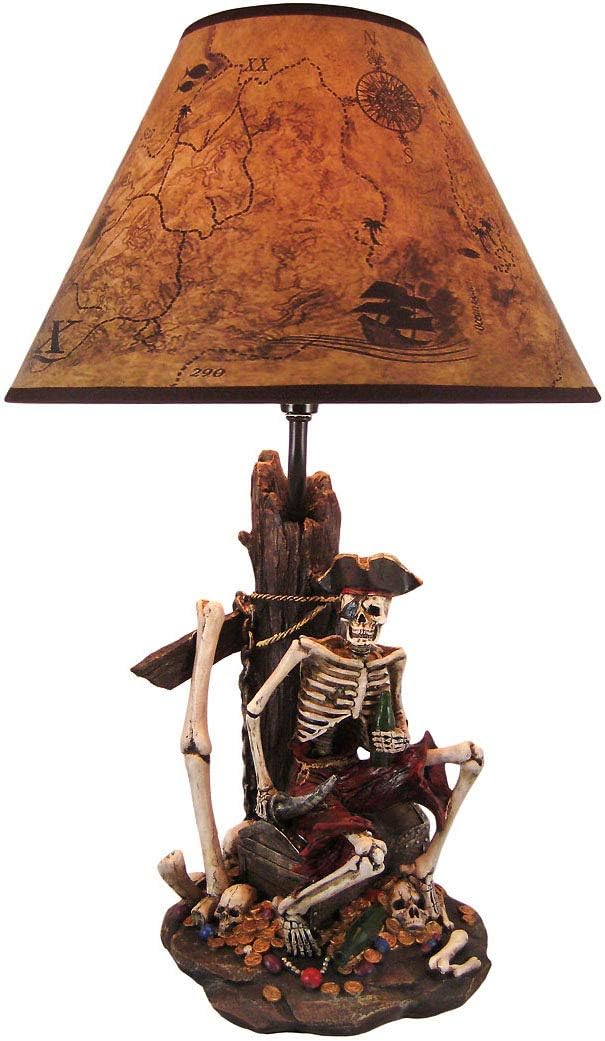 21 Inch Pirate Skeleton Caribbean Table Lamp With Treasure Map Shade Nautical Desk Light Beach Home Decor