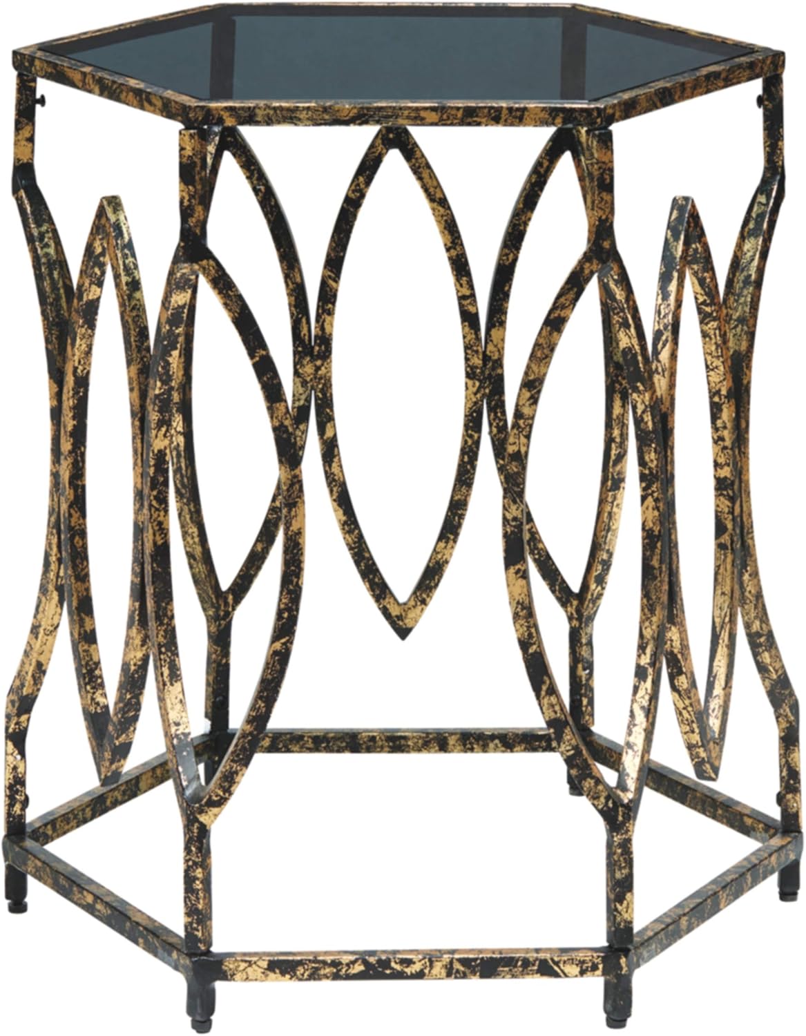 Signature Design by Ashley Kieta Antique Metal Accent Table with Glass Top, Black & Gold Finish