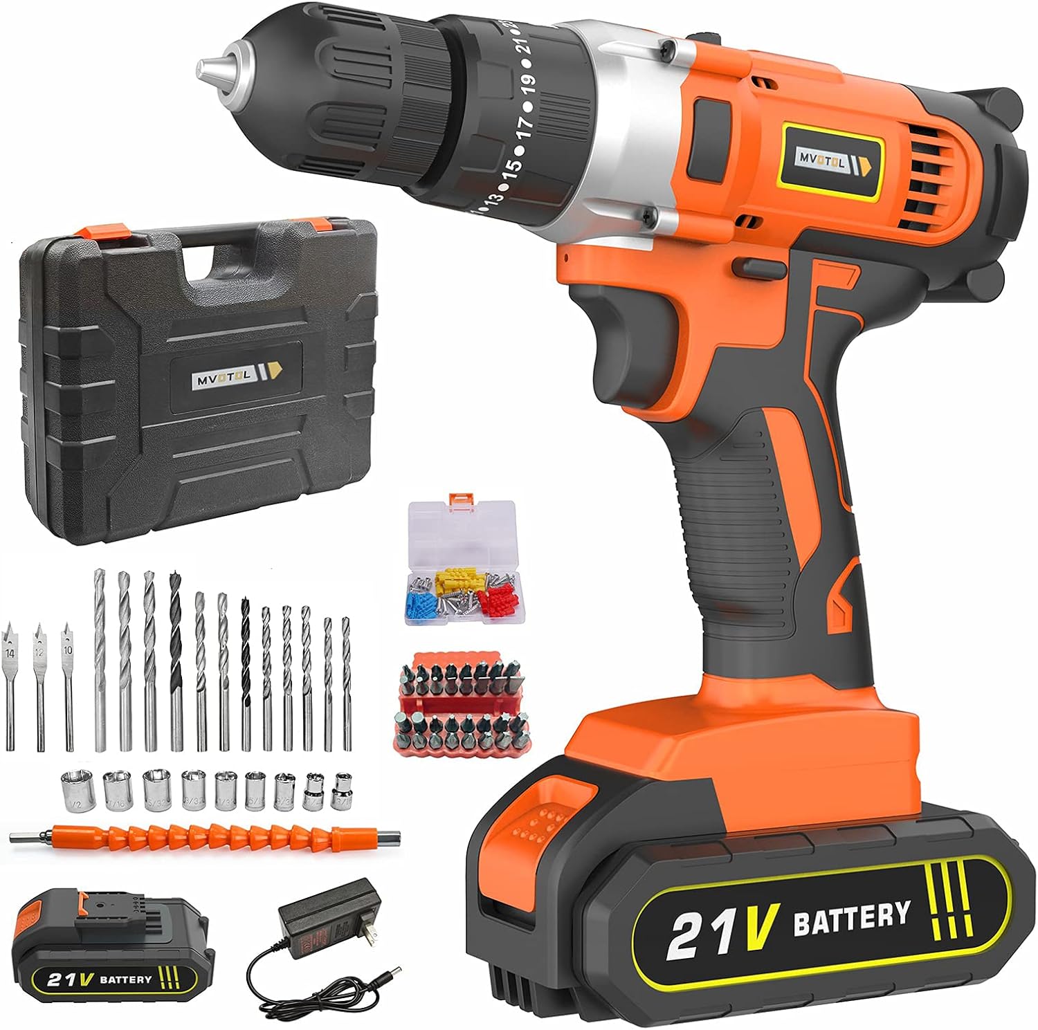 Cordless Drill Power Set, MVOTOL 21V Power Drill Driver Tool with 2000mAh Battery & Fast Charger, 60 pcs Accessories Electric Drill Set with 3/8” Keyless Chuck & 25+3 Torque Electric Screw Driver Pack of 2