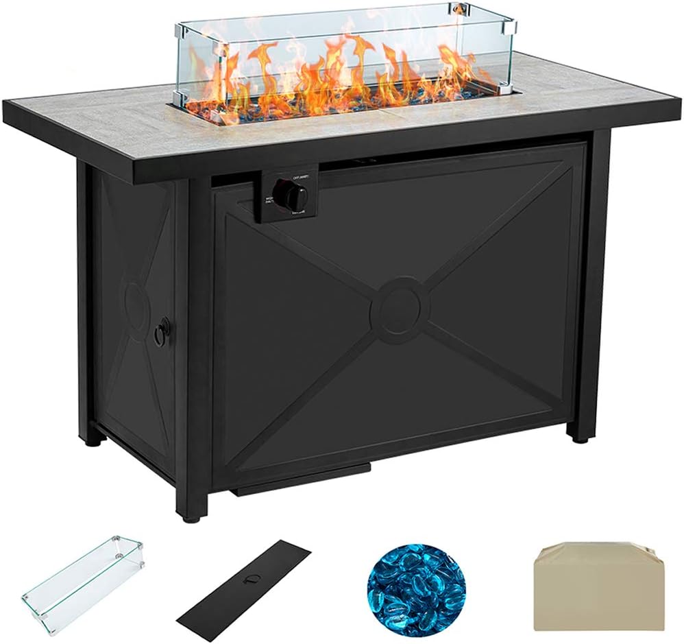 AVAWING Propane Fire Pit, 42 inch 50,000 BTU Gas Fire Pit Table with Glass Wind Guard, Table Lid, Fire Glass, Waterproof Cover, Outdoor Gas Fire Pit for Garden, Patio, Backyard, Beige&hellip;