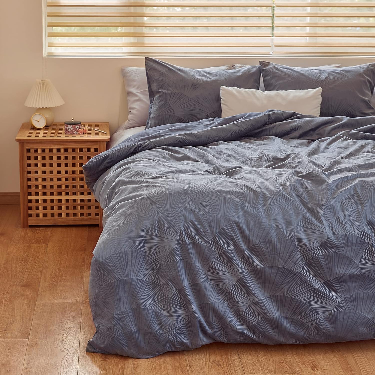 La Jolie Muse Queen Size Duvet Cover Set of 3 with Embossed Floral Pattern, Smoky Gray, Bedding Set of 100% Natural Cotton on Backside, Combo of Duvet Cover and Sham Covers Pack of 2