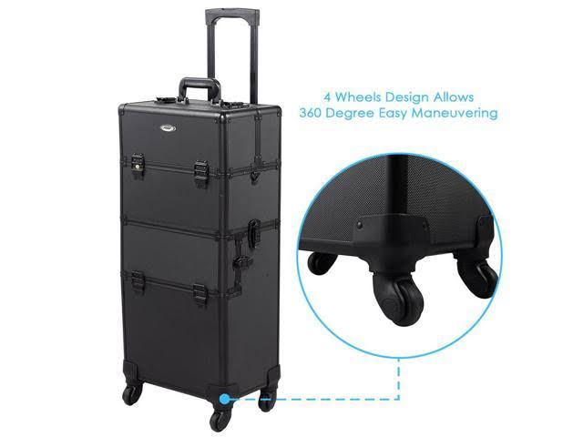 AW 2in1 4 Wheel Pro Aluminum Rolling Makeup Cosmetic Train Case Lockable Box Black