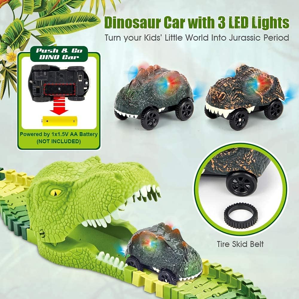 174 PCS Dinosaur Toys Race Track, Flexible Train Tracks with 8 Dinosaurs Figures, 2 Electric Race Cars Vehicle Playset with Lights to Create A Dinosaur World Road Race for Toddlers Kids Boys Girls