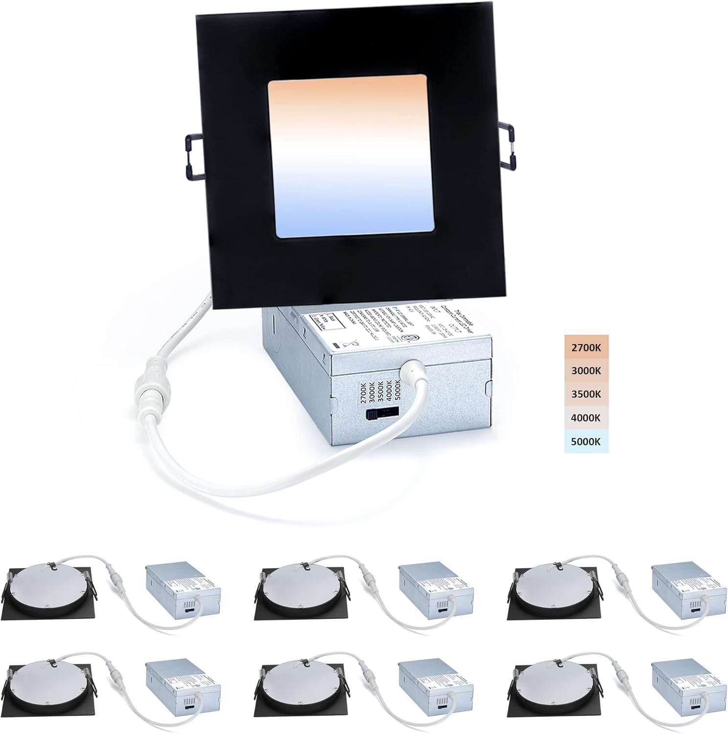 4-inch LED Canless Recessed Slim-Downlight - POPANU 5 CCT Adjustable Dimmable Recessed Lights Fixture with Junction Box, Ceilling Light with Junction Box, 2700-5000K, 9W, Black Square Finish, 6 Pack