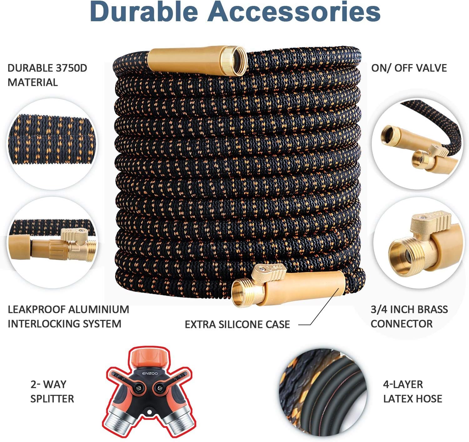 Garden Hose, ENZOO Expandable Garden Hose 100 Feet 4-Layers Latex/Superior Strength 3750D/3/4 Strong Brass Connectors/2-Way Pocket Flexible Splitter with 10 Function Zinc Spray Nozzle Pack of 2