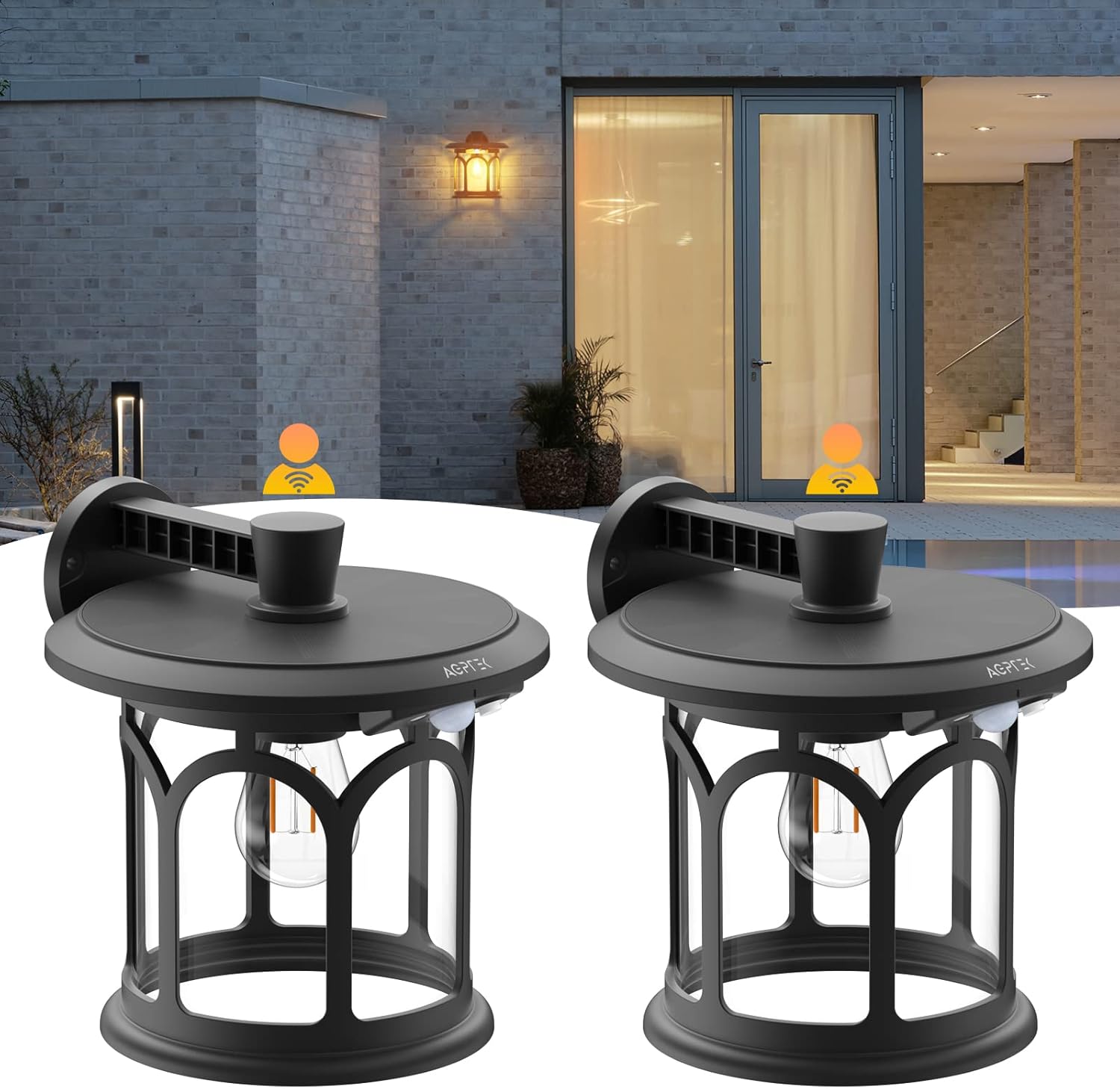 Solar Wall Lights Outdoor 2 Pack, AGPTEK Waterproof Solar Wall Lanterns with 3 Lighting Modes, Dusk to Dawn Motion Sensor Solar Sconce Lights for Front Porch, Garage, Barn, Farmhouse, Patio, Gate