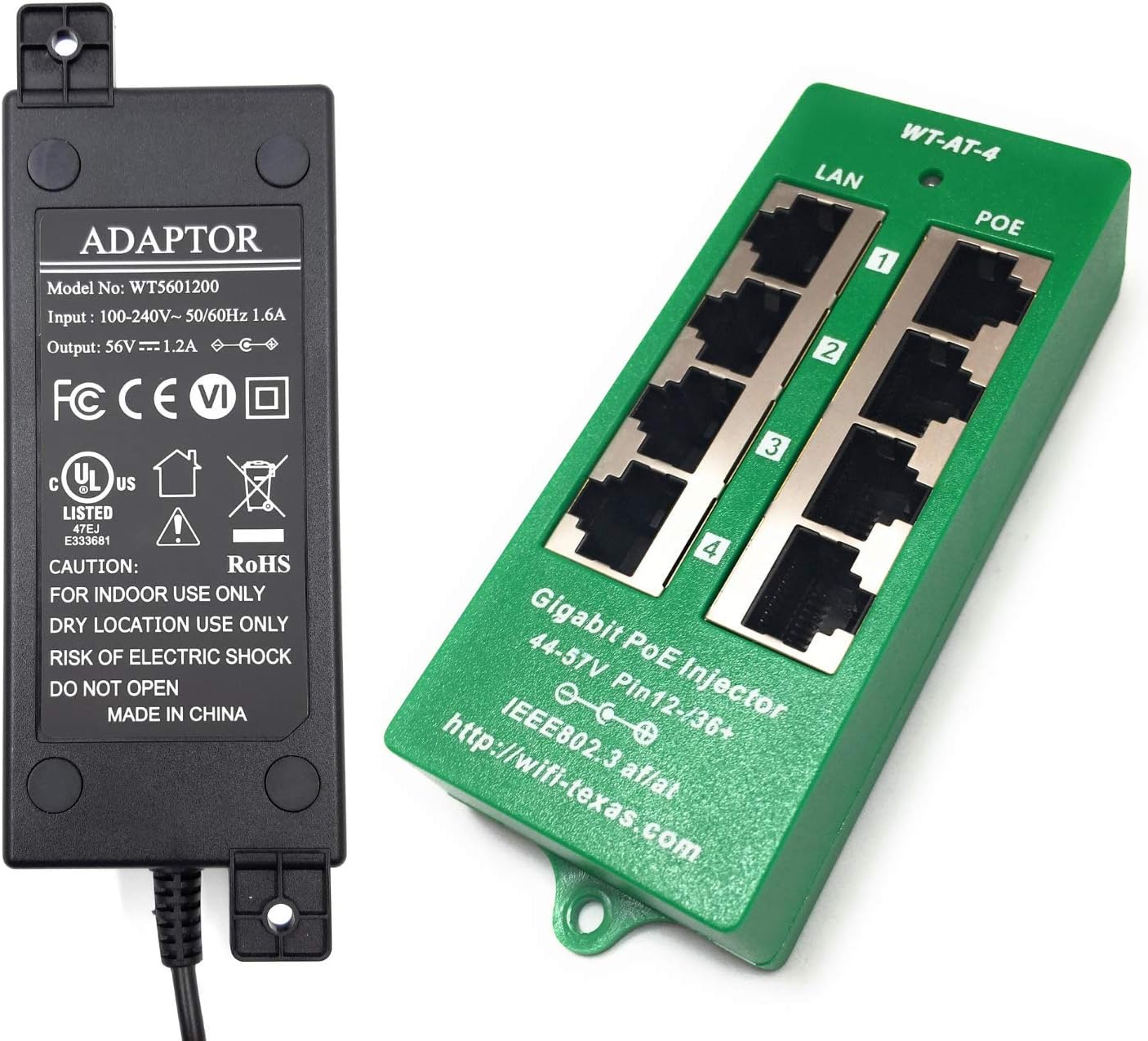 PoE Texas | 4 Port Gigabit PoE Injector with 56V 60W Power Supply - Compatible with 802.3at PoE Cameras, IP Phones and WiFi Access Points Pack of 2