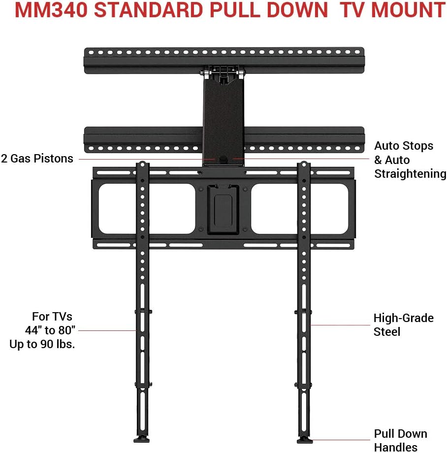 MantelMount MM340 Above Fireplace Pull Down TV Mount - with Patented auto-straightening, auto-stabilization, 2 Gas Pistons, Adjustable Motion Stops, Wire tabs & Safety Pull-Down Handles