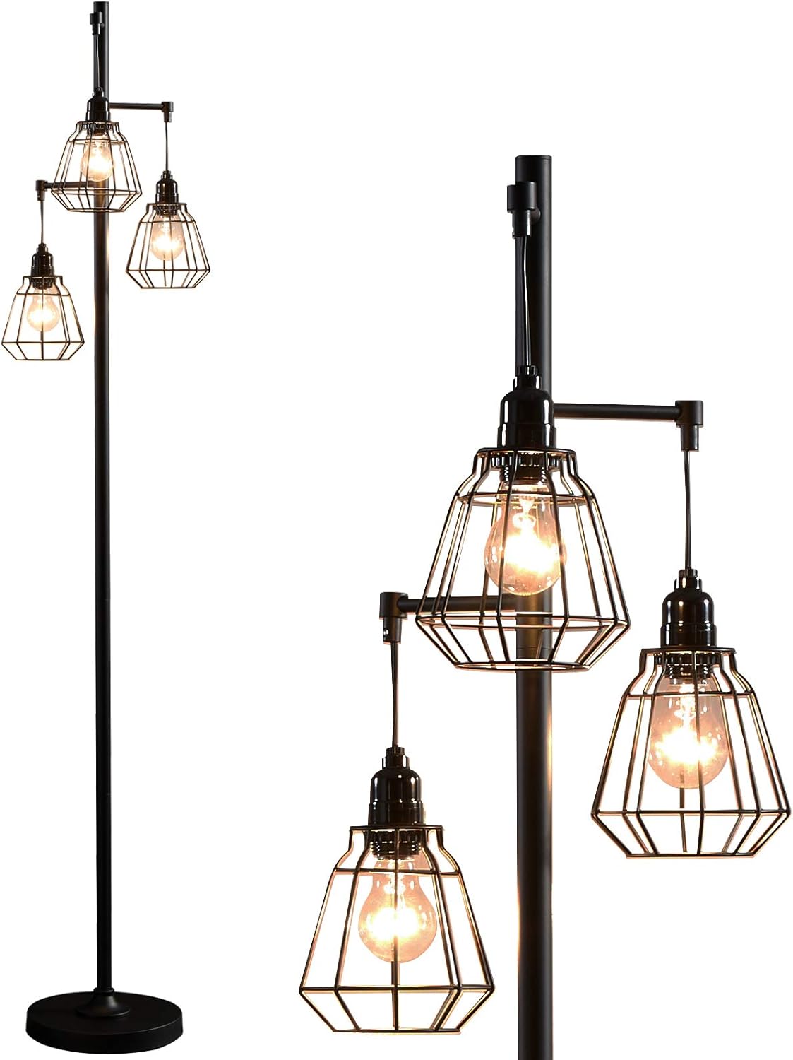 Farmhouse Floor Lamp Black Industrial Tall Standing Floor Lighting with LED Bulbs, Sturdy Base Tall Pole Light for Living Rooms, Bedrooms,Office