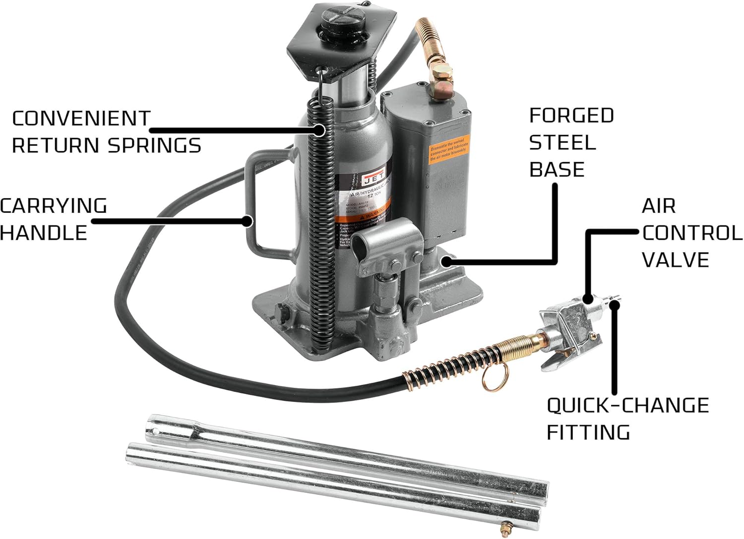 JET AHJ-12, 12-Ton Air/Hydraulic Bottle Jack (456612)