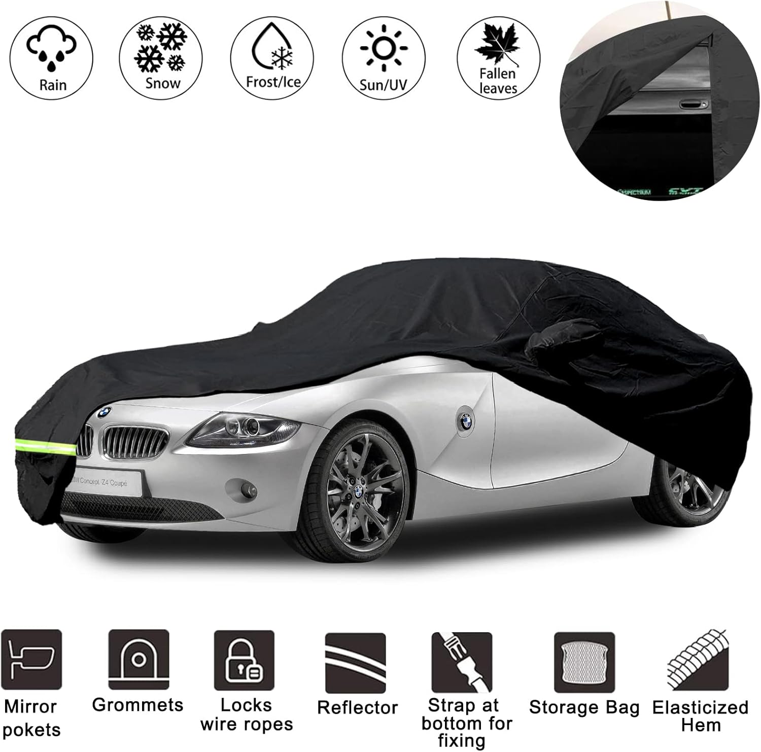 YIXIN Waterproof Car Covers for 2003-2008 BMW Z4 Car Covers 190T Covers Customer Fit 100% Waterproof Windproof Strap & Double Door Zipper Up to 165” L (Black) (Black) Pack of 2