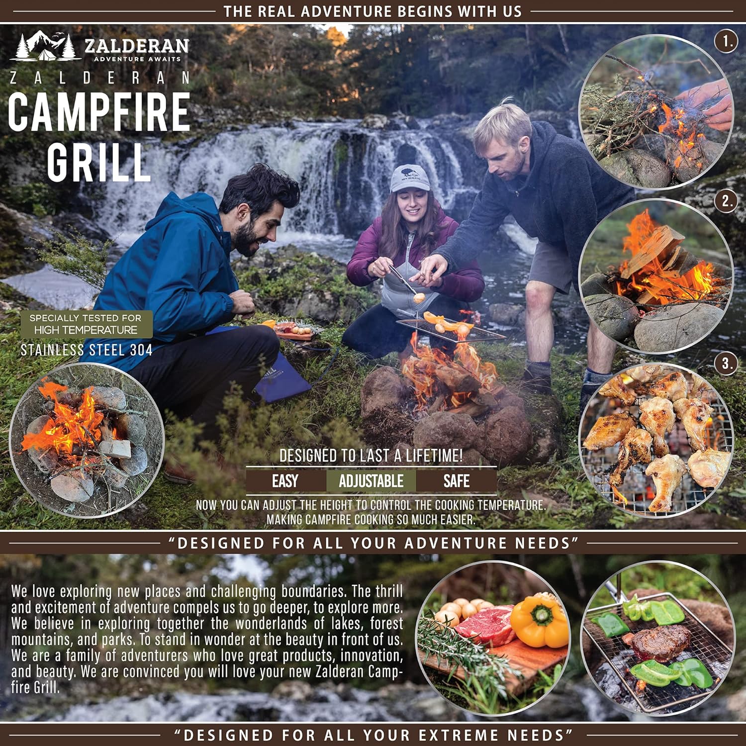 Zalderan Campfire Grill Grate. Adjust the height while cooking to maintain the perfect temperature. Lightweight, Stainless Steel, Portable, Backpack Hiking Grill. For outdoor fire pit camping. Fast and easy to set up.