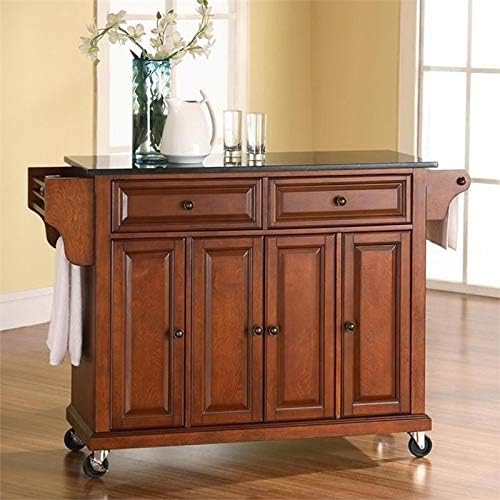 Pemberly Row Solid Black Granite Top Kitchen Cart in Classic Cherry