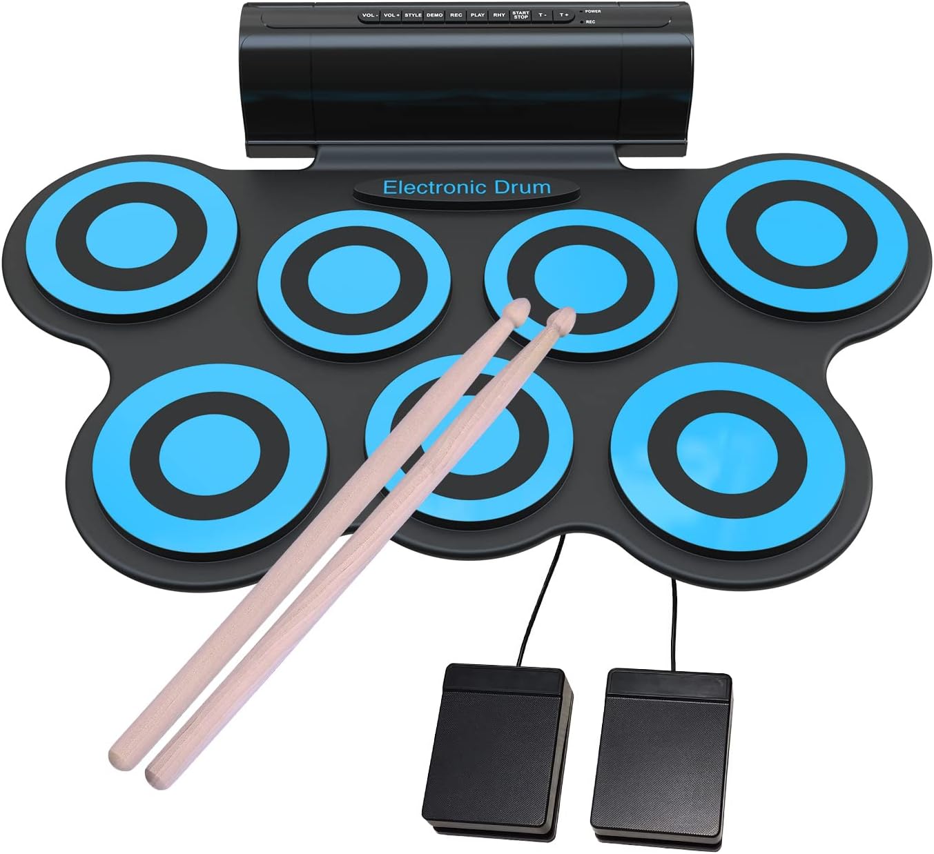 7 Pads Electronic Drum Set, Roll Up Drum Practice Pad Midi Drum Kit with Headphone Jack Built-in Speaker Drum Pedals Drum Sticks 10 Hours Playtime(Blue) Pack of 2