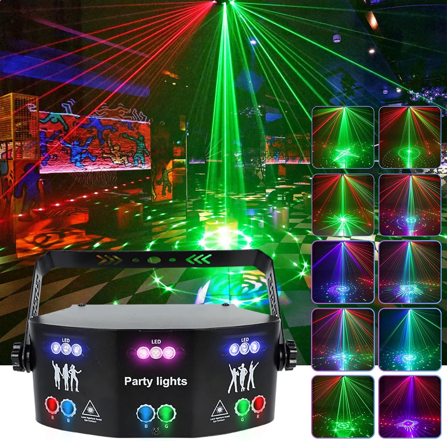 15 Lens Party Lights DJ Disco Light RGBW UV Strobe Lighting Effect LED Projector Sound Activated Ravelight Remote Control for Home Parties Karaoke Birthday Wedding Bar