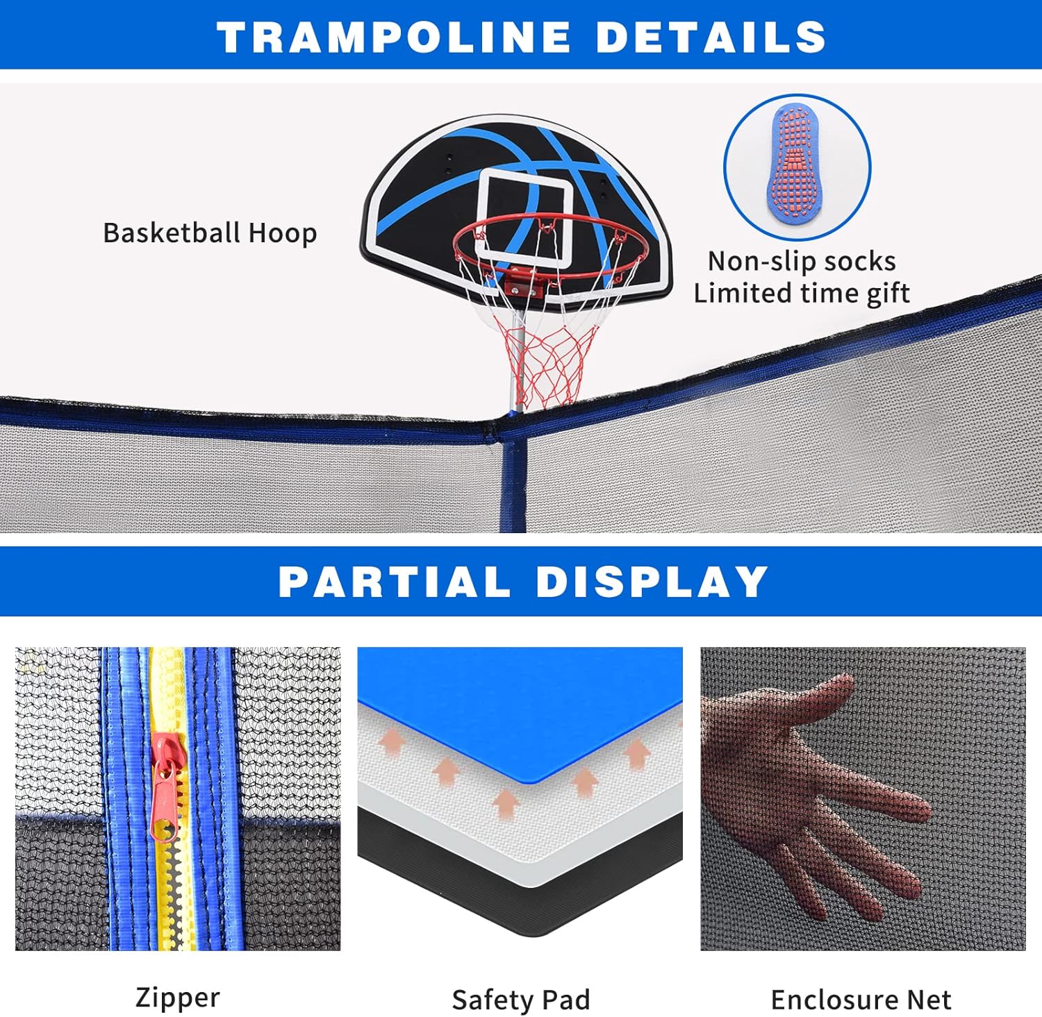 ACWARM HOME 12 14 15 16FT Trampoline for Kids, Outdoor Trampoline with Safety Enclosure Net Basketball Hoop and Ladder, Jumping Mat, Safety Pad, Outdoor Backyard Trampolines for Kids & Adult - Blue