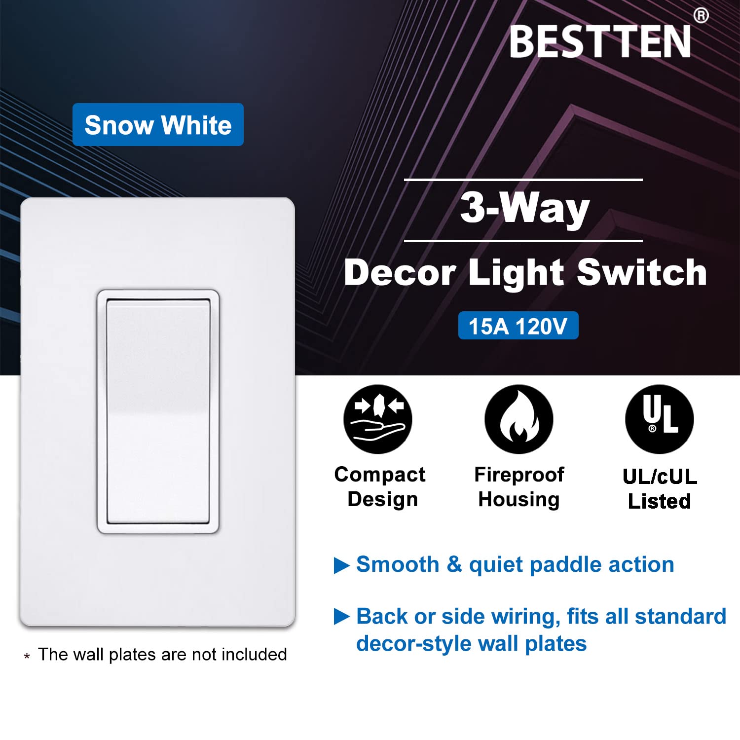 [10 Pack] BESTTEN 3-Way Snow White Decorator Wall Light Switch, 15A/120V, On/Off Rocker Interrupter, ETL Listed