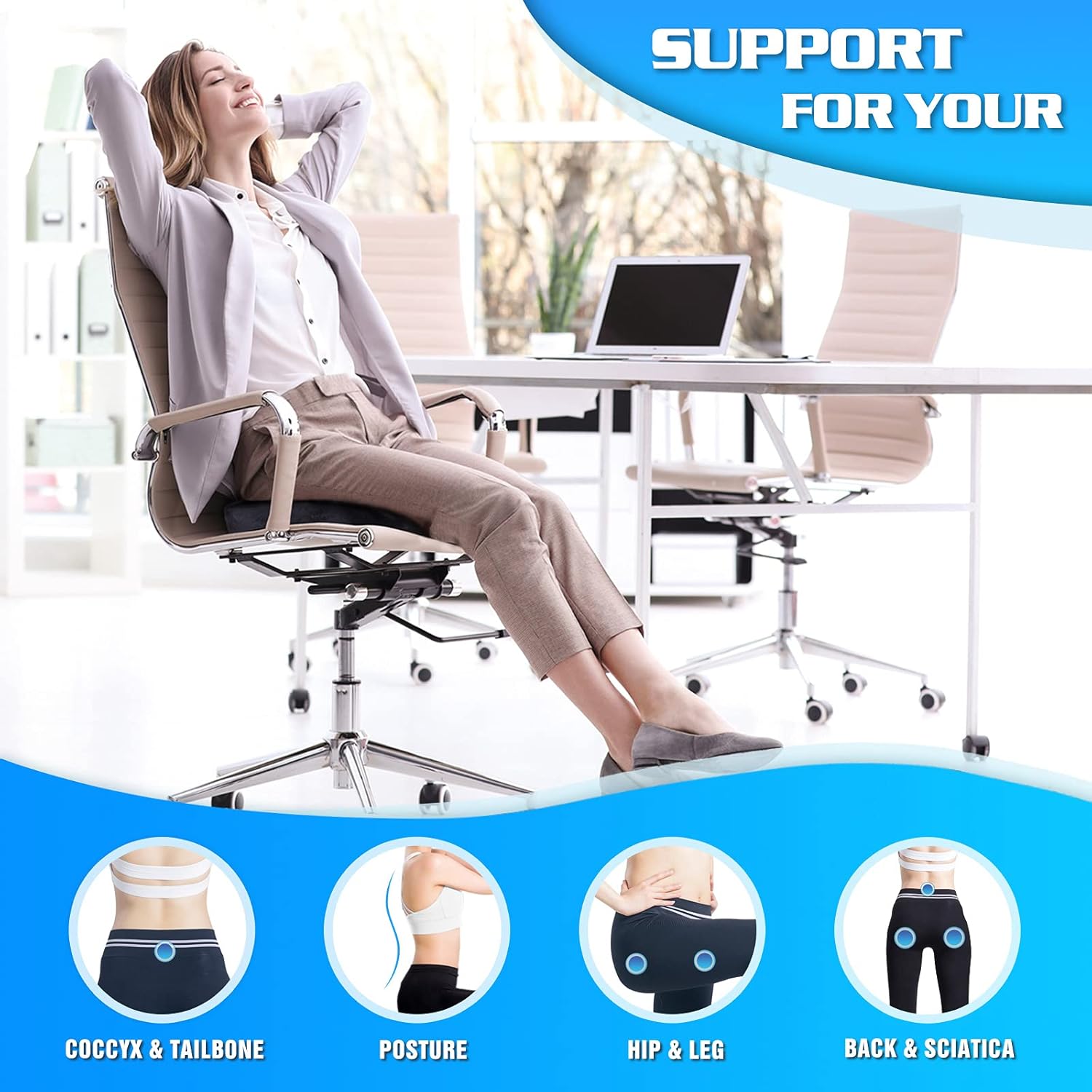 Knodel Seat Cushion, Seat Cushion for Office Chair, Non-Slip Office Chair Cushion, Perfect for Back, Coccyx & Tailbone Pain Relief (Black)
